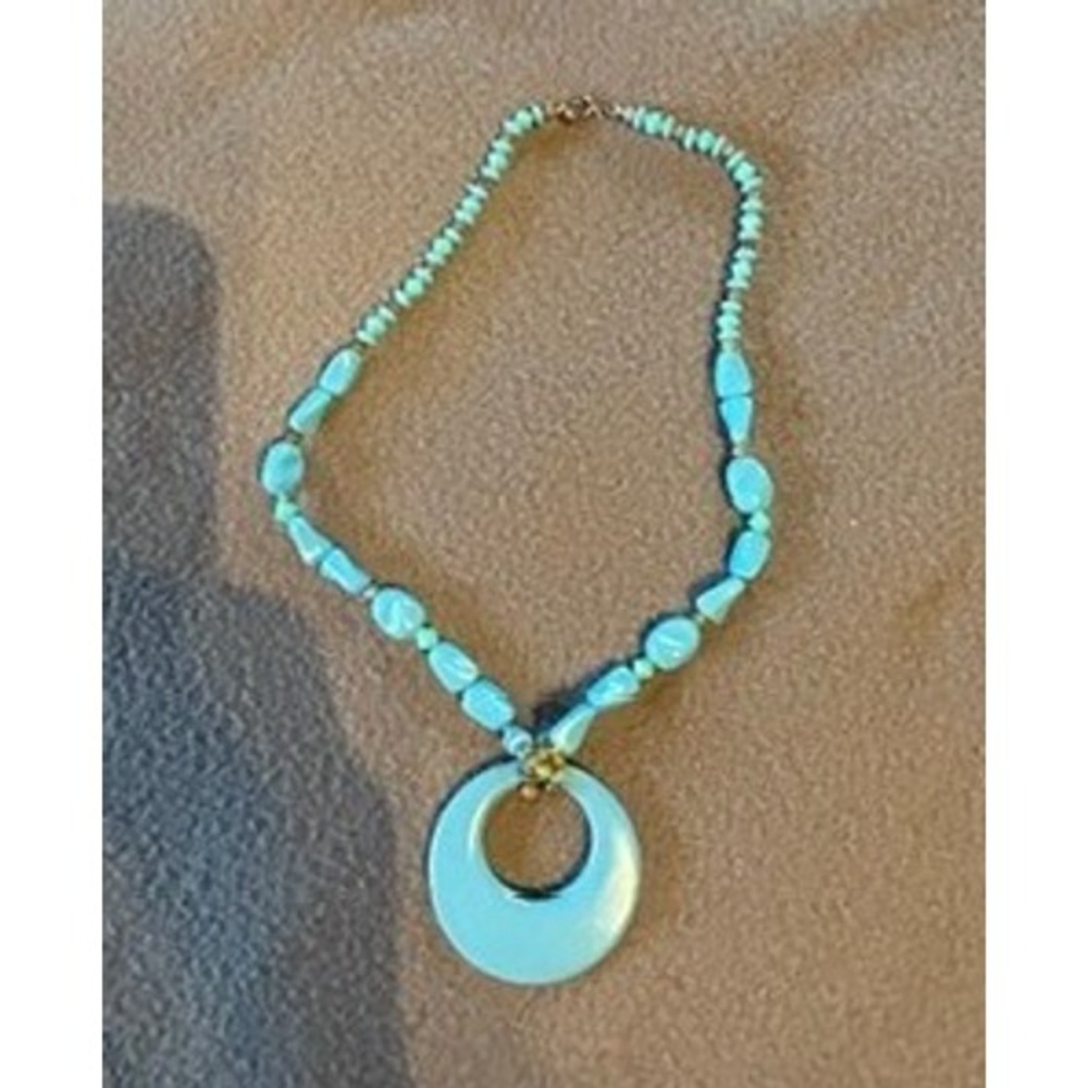 VTG Blue Beaded Necklace CircularHoop Pendant Boho Southwestern Style‎